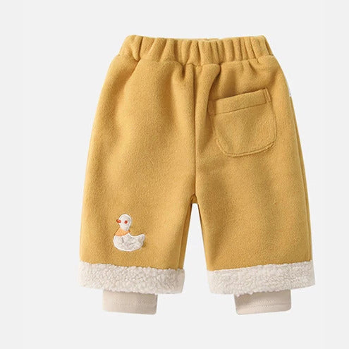 Mustard fleece-lined kids pants with embroidered duck and sherpa cuffs