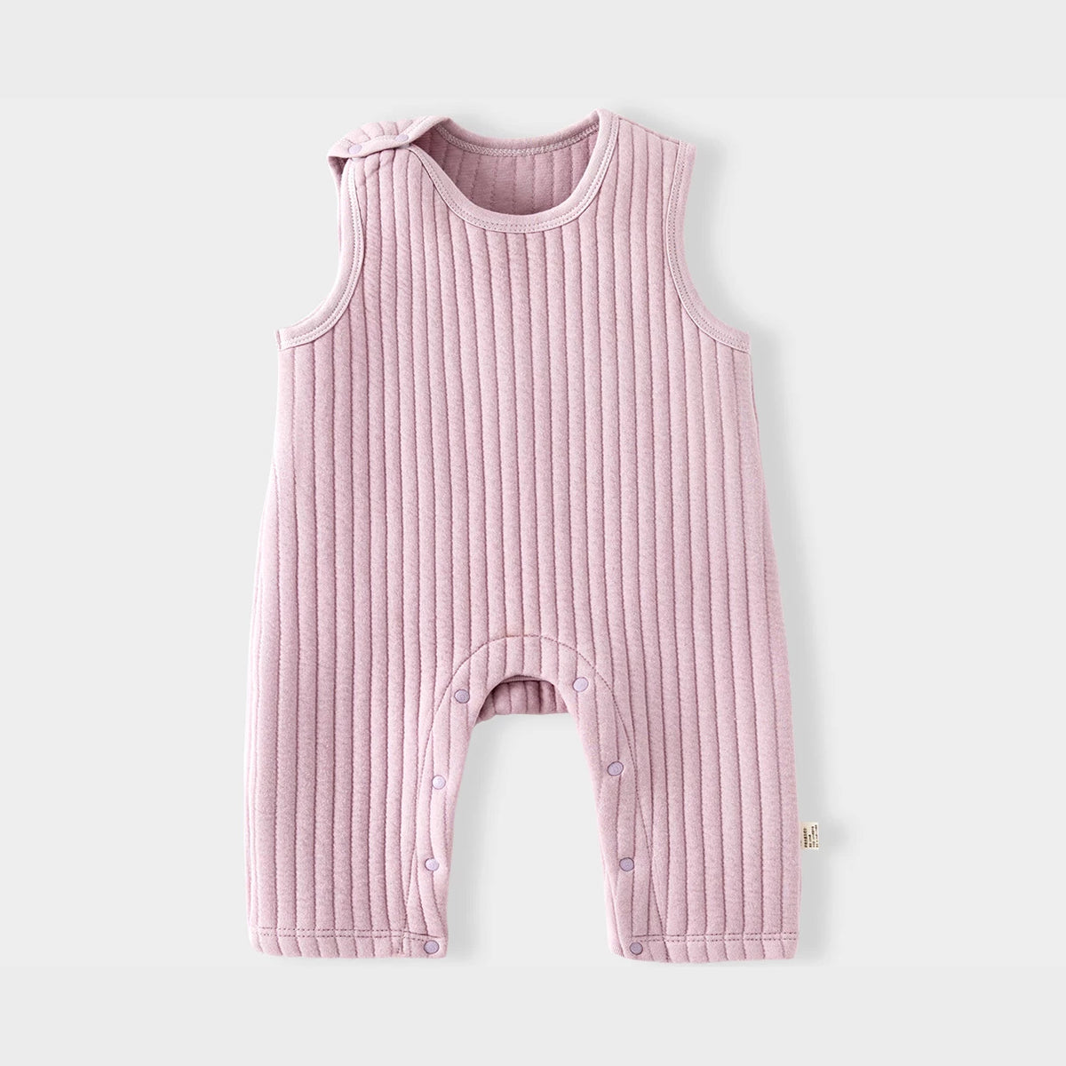 Lilac quilted sleeveless baby overall romper, flat lay