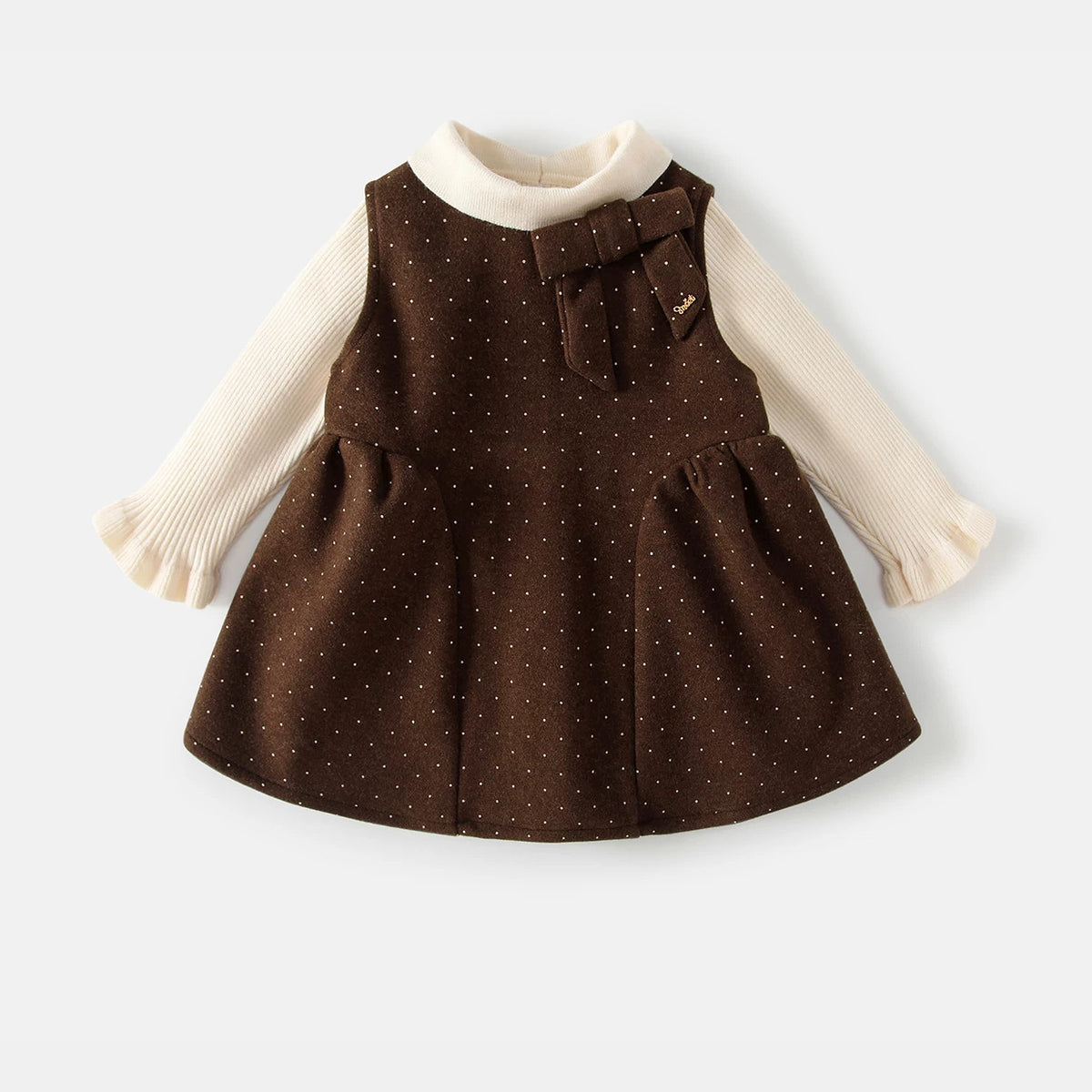 Cocoa brown dotted pinafore dress with cream ribbed top, girls two-piece set