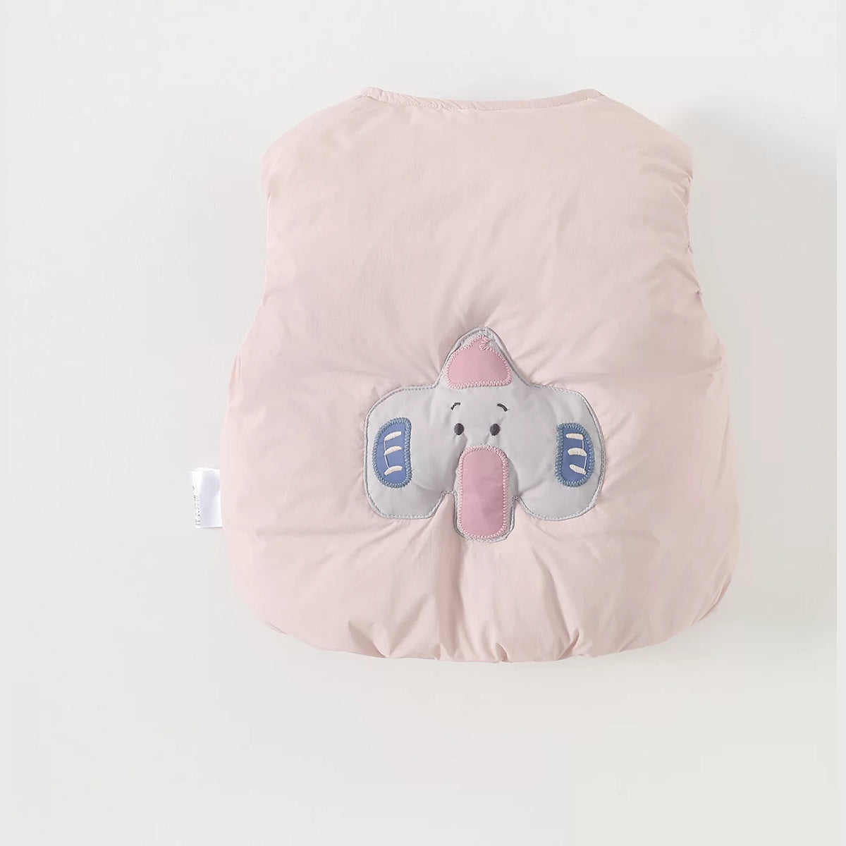 Blush baby down vest with a puffy elephant appliqué on the back