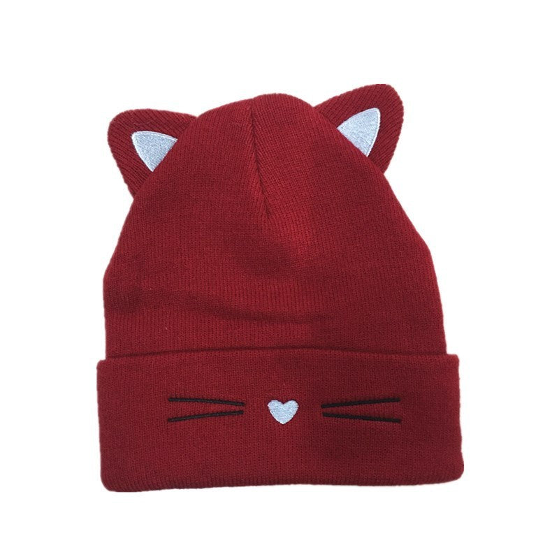Wine red cat ears knit beanie