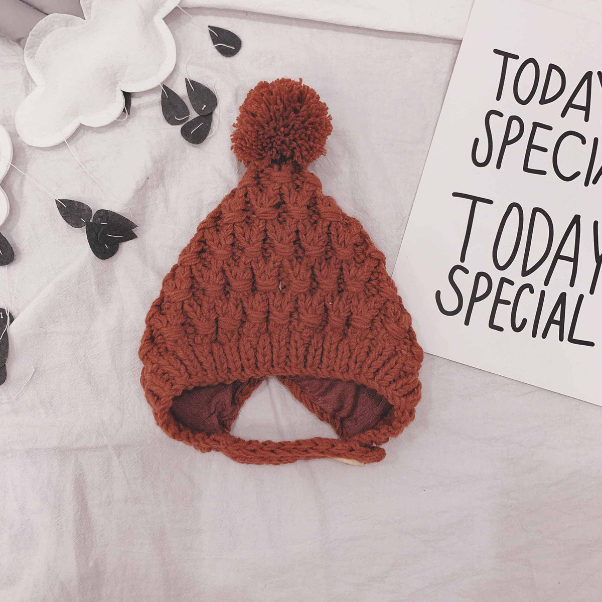 Wine red chunky knit pom-pom baby hat