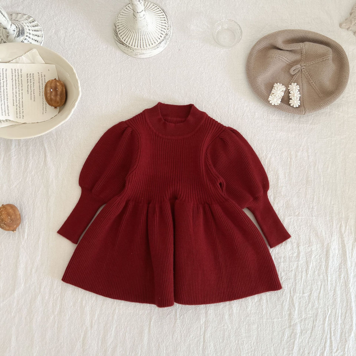 Wine red knit sweater dress with puff sleeves