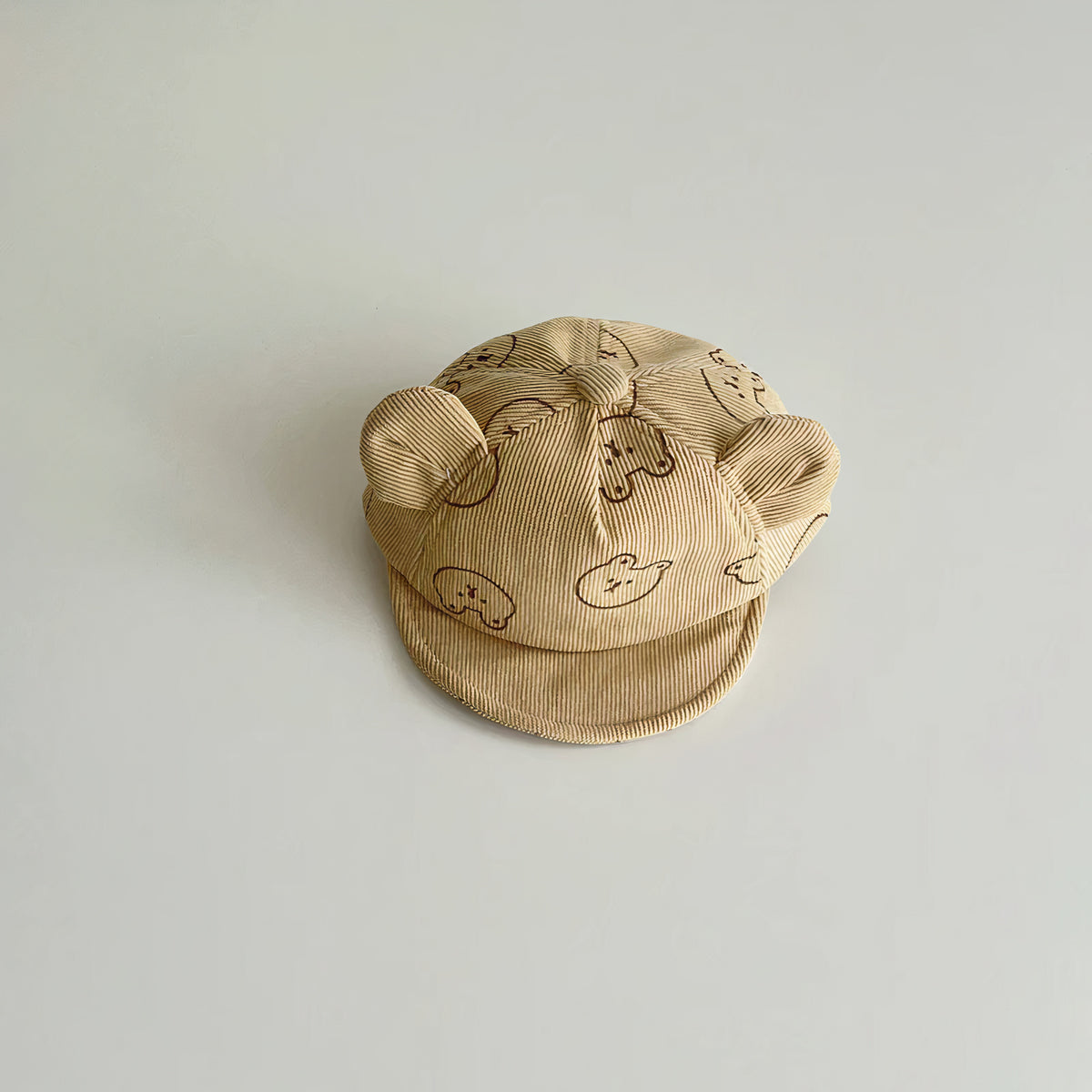 Yellow bear print corduroy baby cap with ears
