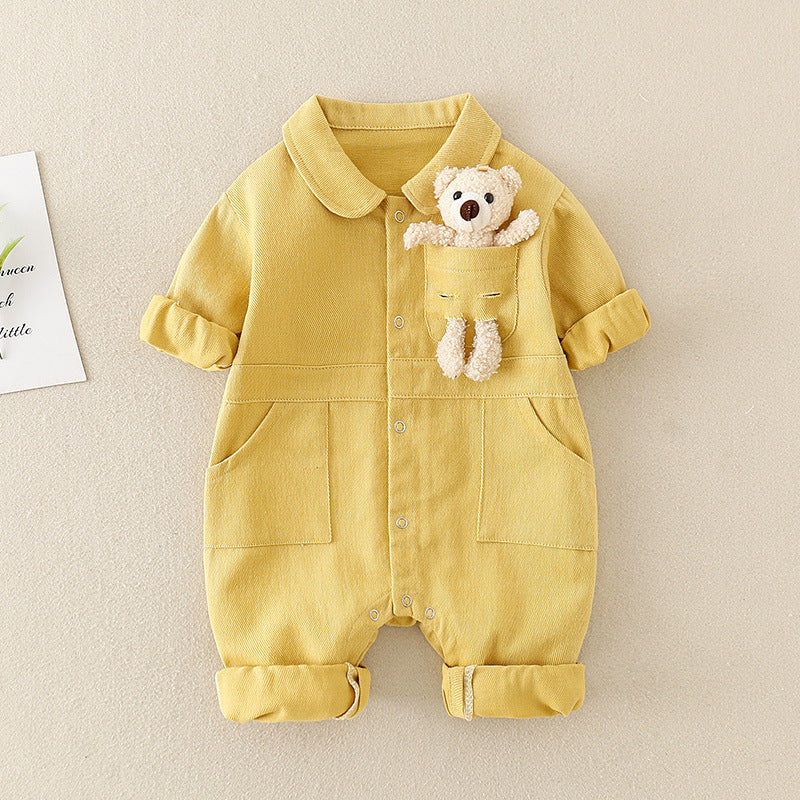 Yellow collared baby jumpsuit with plush teddy pocket