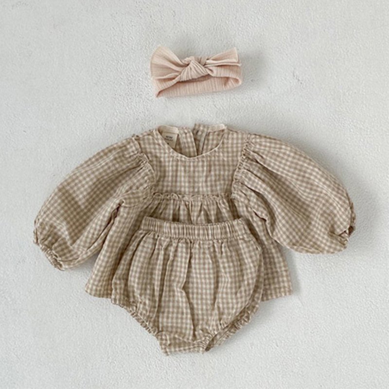 Plaid Puff Sleeve Top & Shorts Set