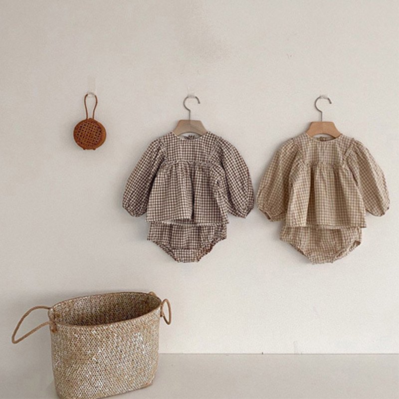 Plaid Puff Sleeve Top & Shorts Set