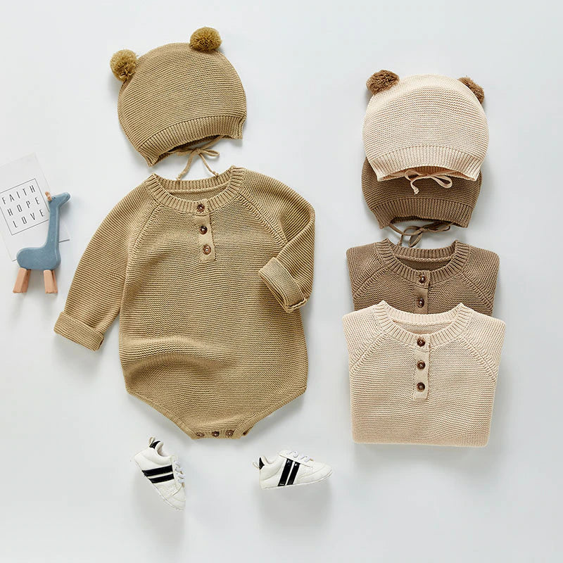 Quarter Button Up Raglan Sleeve Knit Bodysuit With Hat