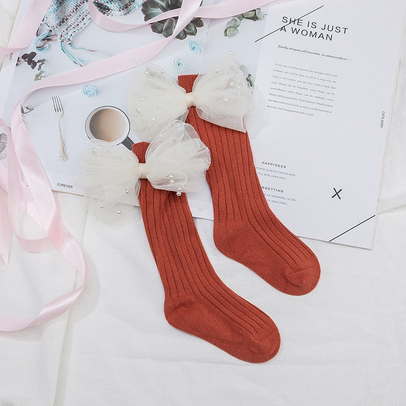 Flower Bows Long Stripped Soft Socks