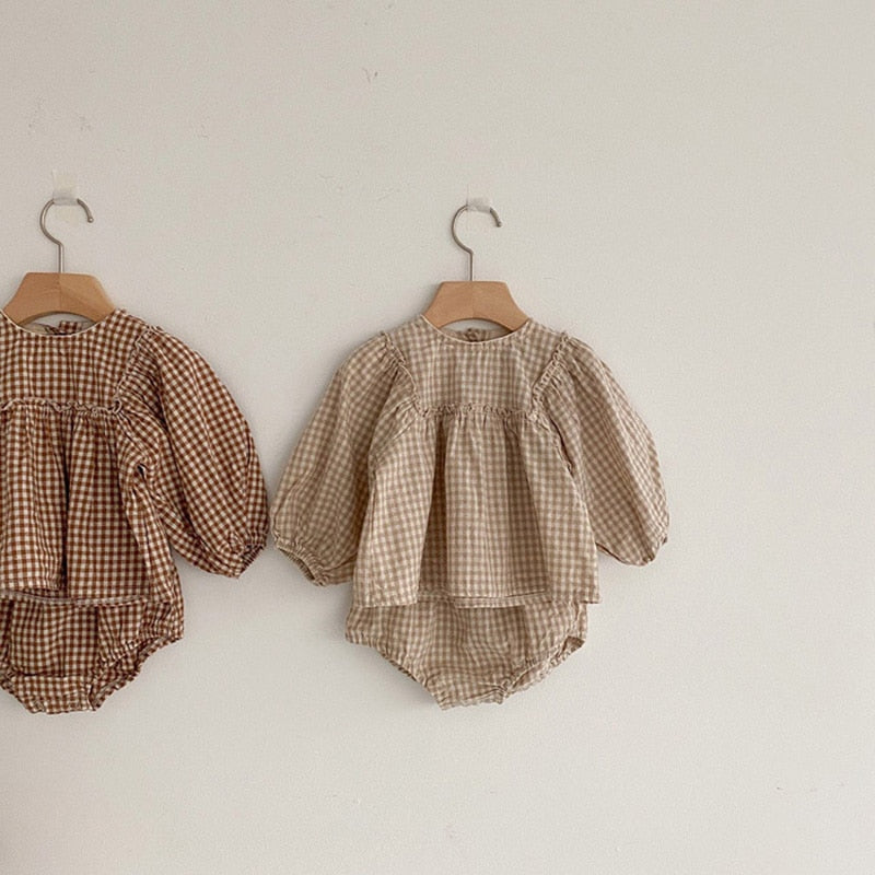 Plaid Puff Sleeve Top & Shorts Set
