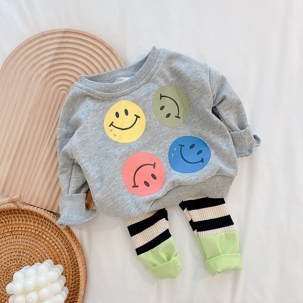 Smiling Face Sweatshirt & Striped Leggings Set