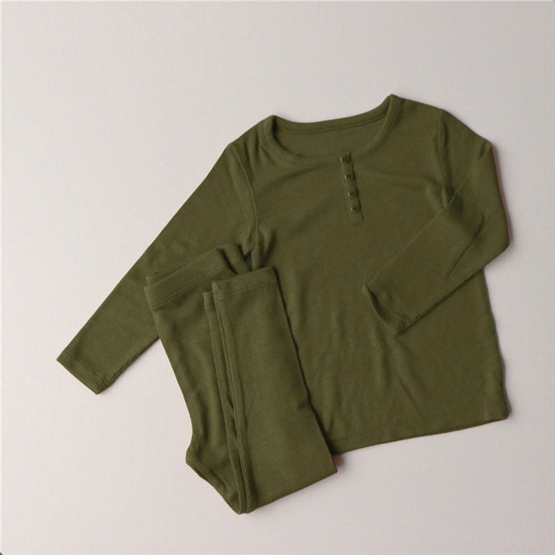 Solid Color Long Sleeve Pajamas Top & Pants Set