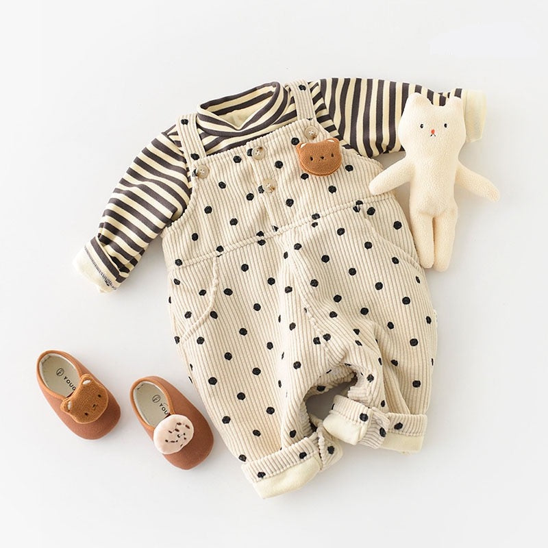 Striped Polka Dot Corduroy Plush Romper