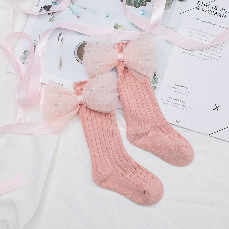 Flower Bows Long Stripped Soft Socks