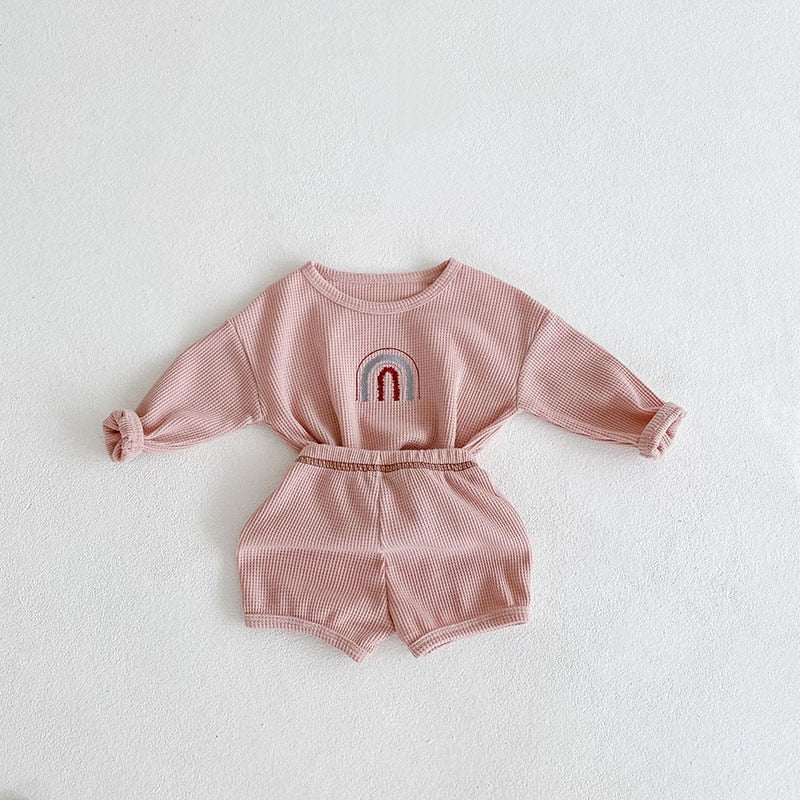 RAINBOW Waffle Blouse And Shorts Set