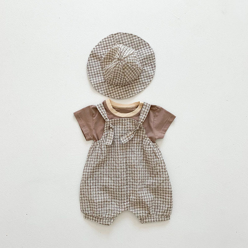 Gingham Baby Romper Set with T-Shirt and Hat