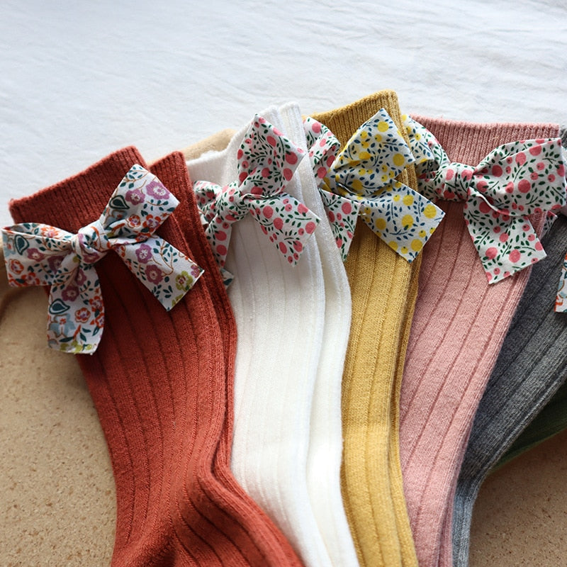 Flower Bows Long Stripped Soft Socks
