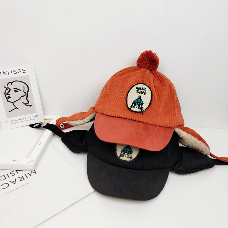 Hello There Cat Embroidered Fur Lining Hat