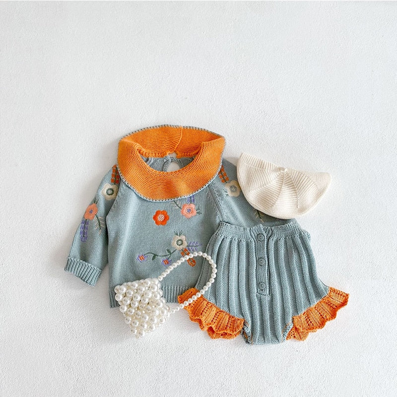 Knitted Floral Embroidered Set