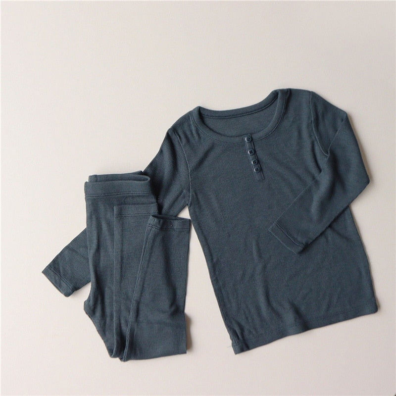 Solid Color Long Sleeve Pajamas Top & Pants Set
