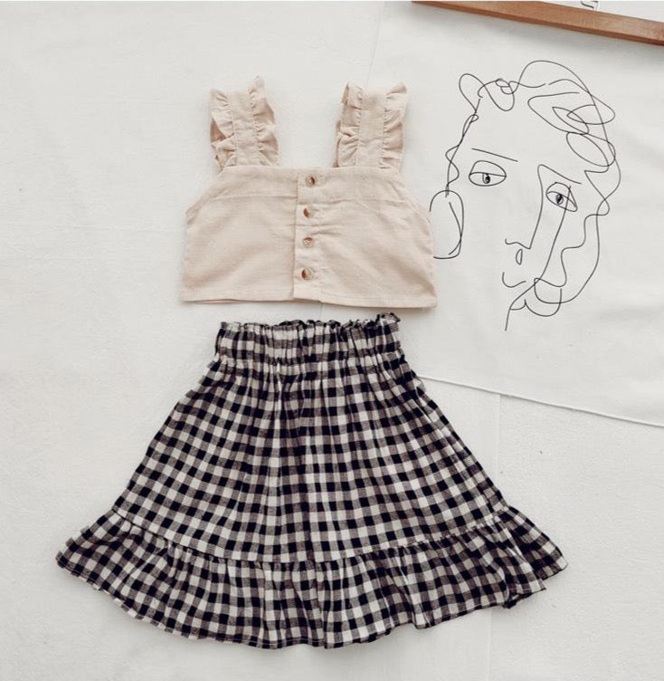 Ruffled Buttoned Crop Top & Plaid Skirt Set