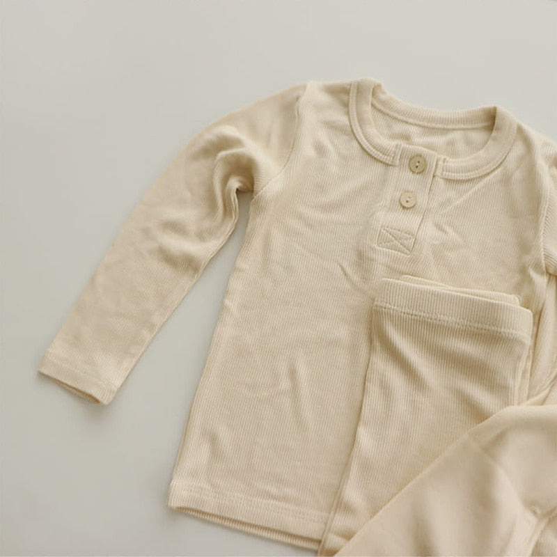 Solid Color Long Sleeve Pajamas Top & Pants Set