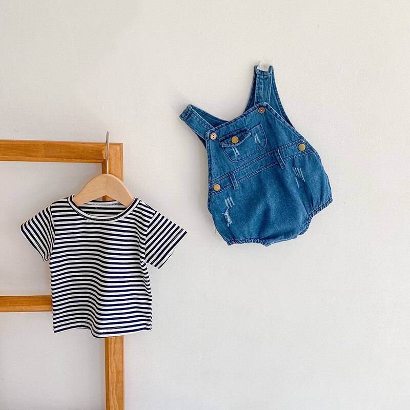 Denim Jumpsuit With Stripped Top