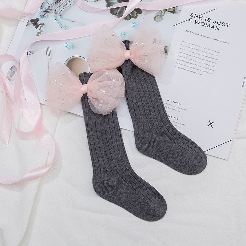 Flower Bows Long Stripped Soft Socks