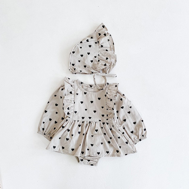 Heart Print Long Sleeve romper & Hat