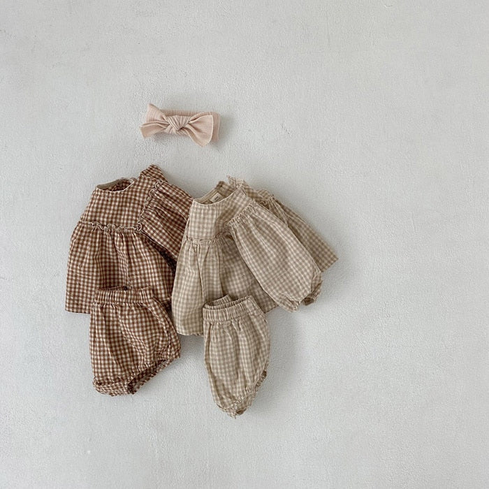 Plaid Puff Sleeve Top & Shorts Set