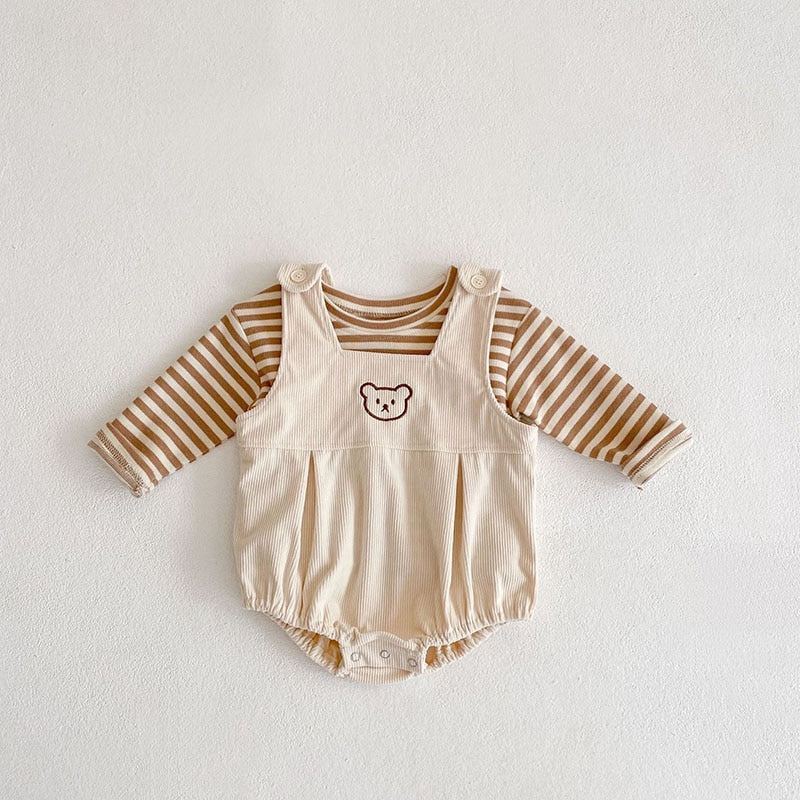Stripped Blouse & Bear Corduroy Bodysuit Set