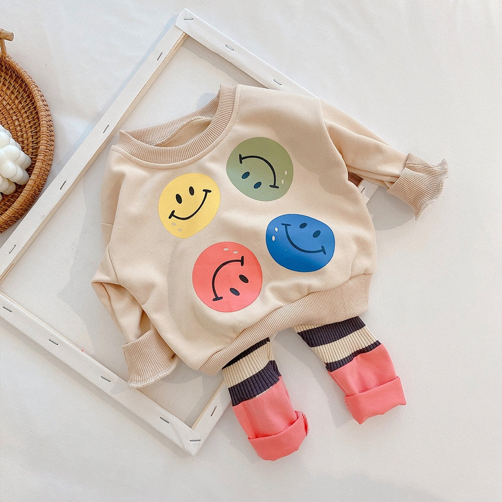 Smiling Face Sweatshirt & Striped Leggings Set