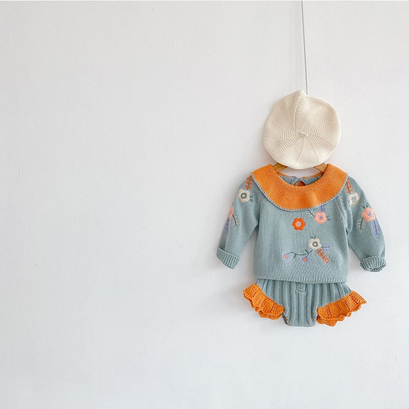 Knitted Floral Embroidered Set