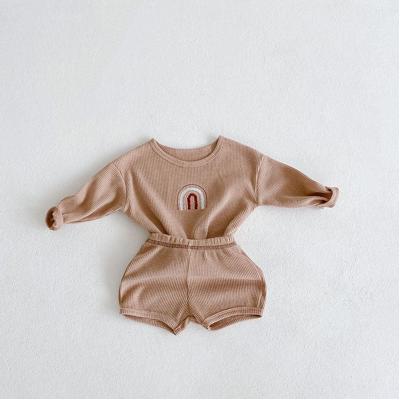 RAINBOW Waffle Blouse And Shorts Set
