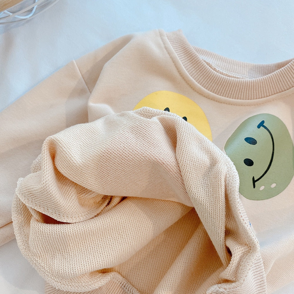 Smiling Face Sweatshirt & Striped Leggings Set