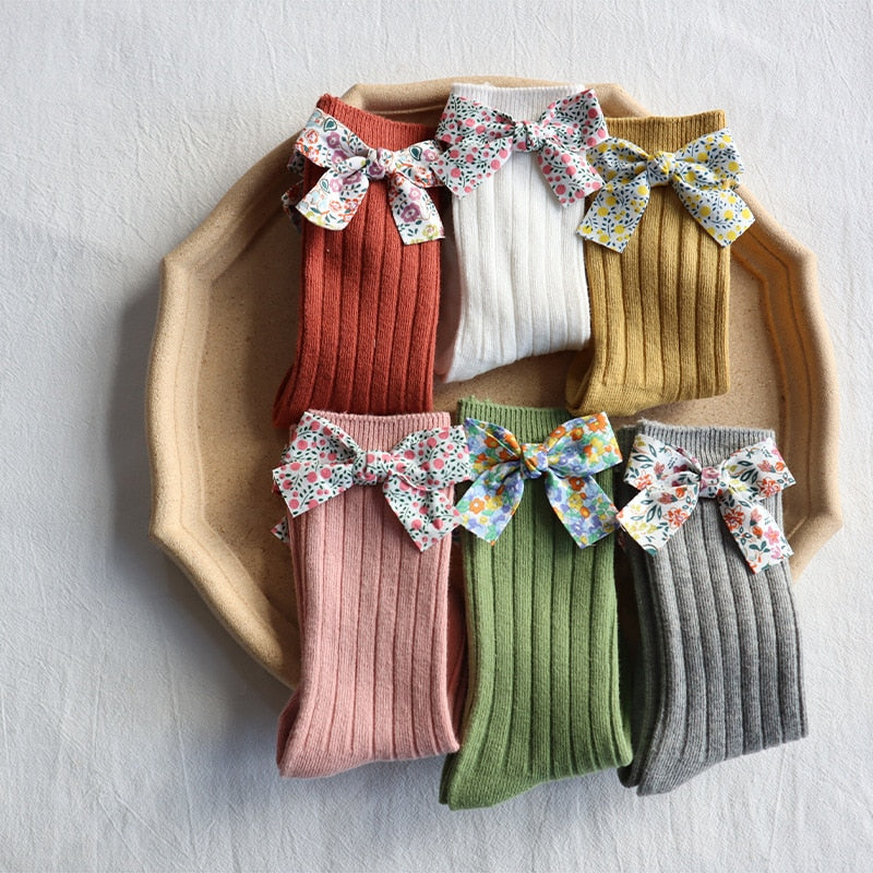 Flower Bows Long Stripped Soft Socks