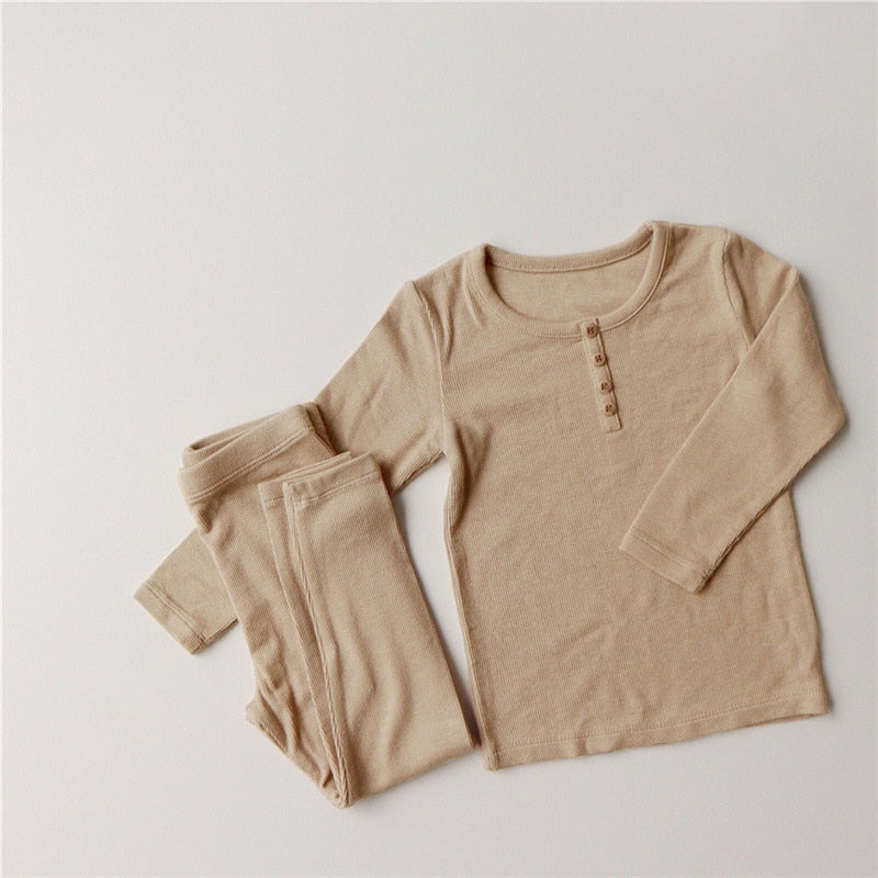 Solid Color Long Sleeve Pajamas Top & Pants Set