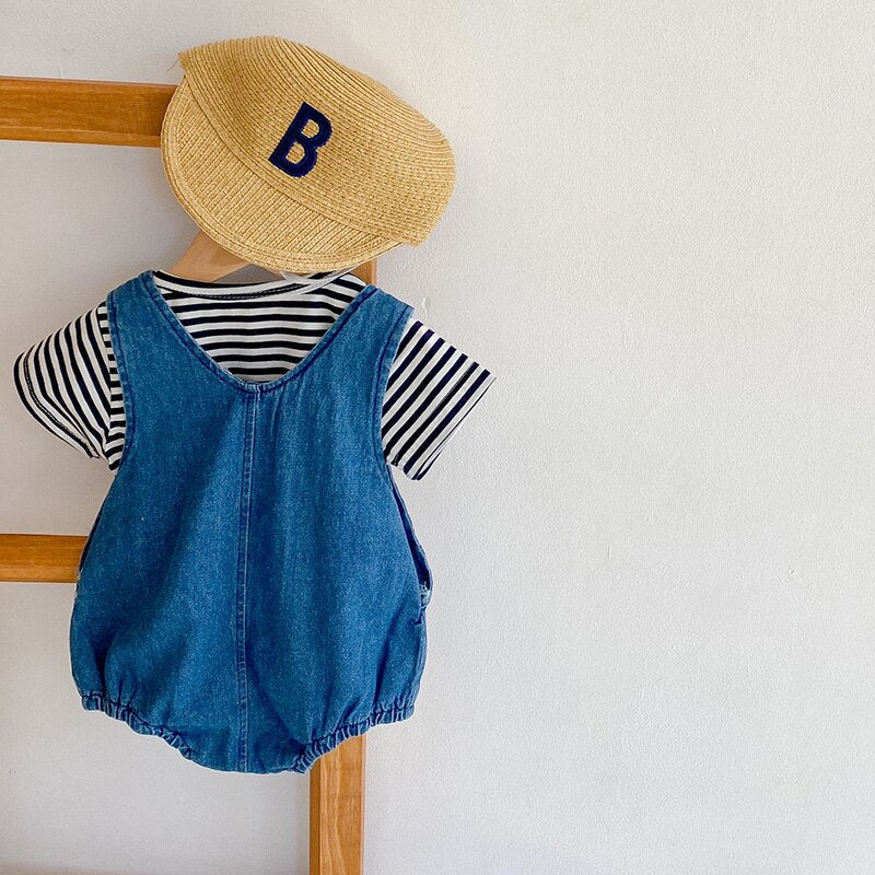 Denim Jumpsuit With Stripped Top