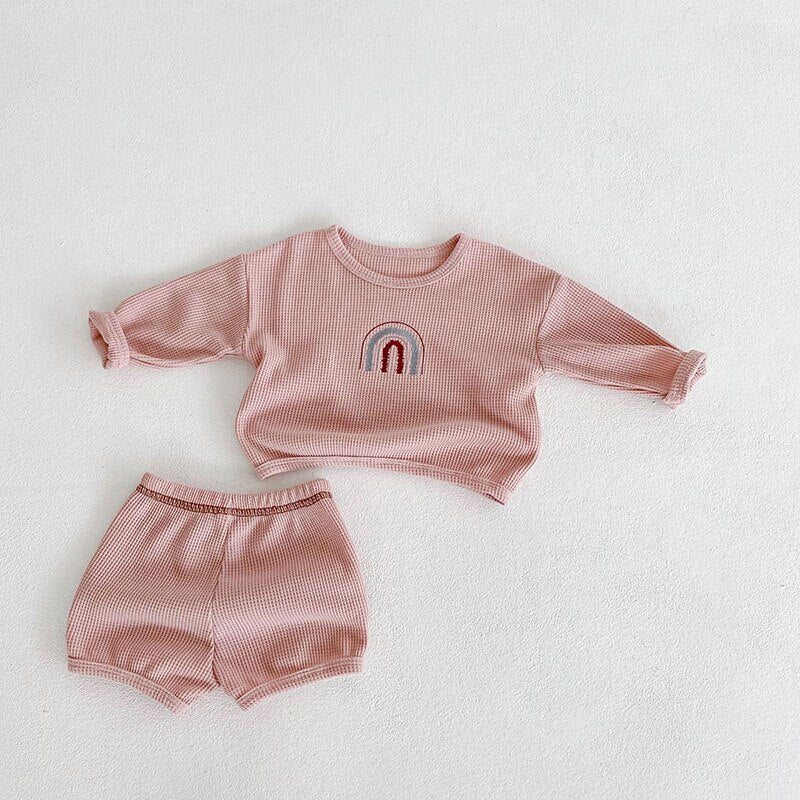 RAINBOW Waffle Blouse And Shorts Set