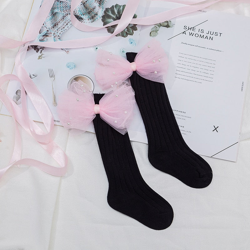 Flower Bows Long Stripped Soft Socks