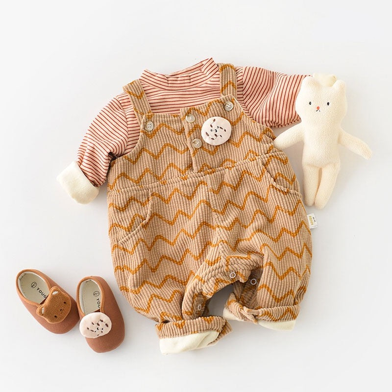Striped Polka Dot Corduroy Plush Romper