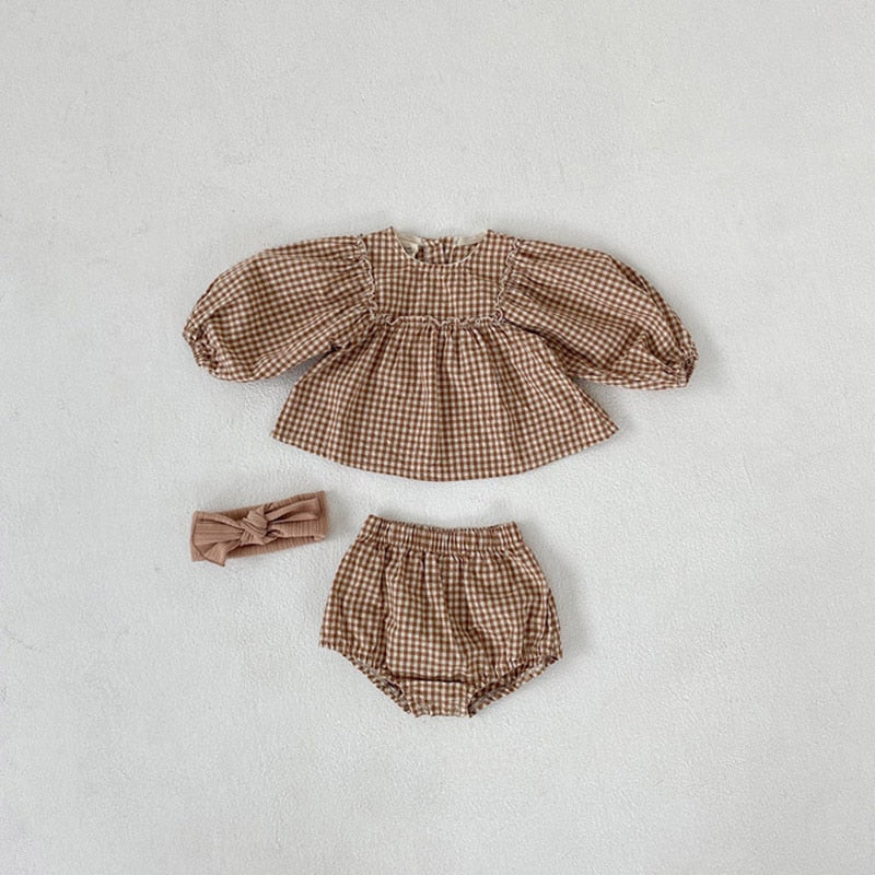 Plaid Puff Sleeve Top & Shorts Set