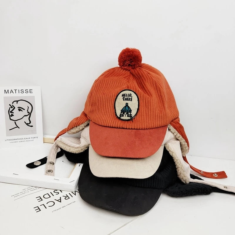 Hello There Cat Embroidered Fur Lining Hat