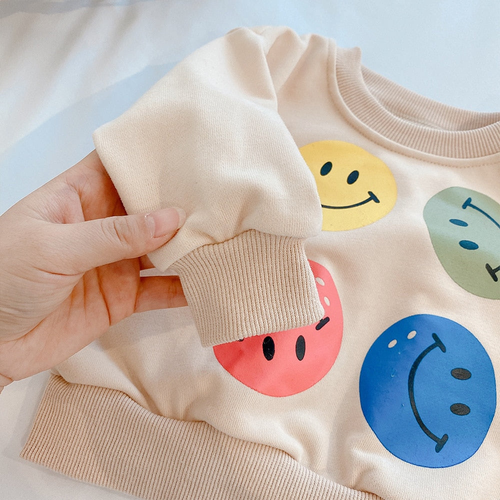 Smiling Face Sweatshirt & Striped Leggings Set