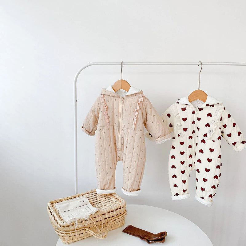 Heart/Cherry Fleece Lined Hooded Romper