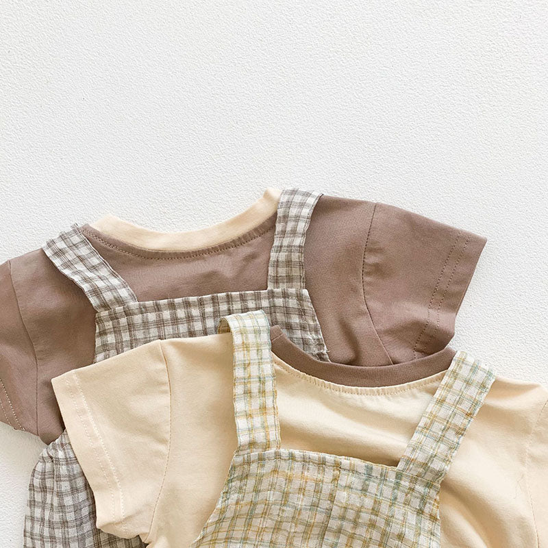 Gingham Baby Romper Set with T-Shirt and Hat