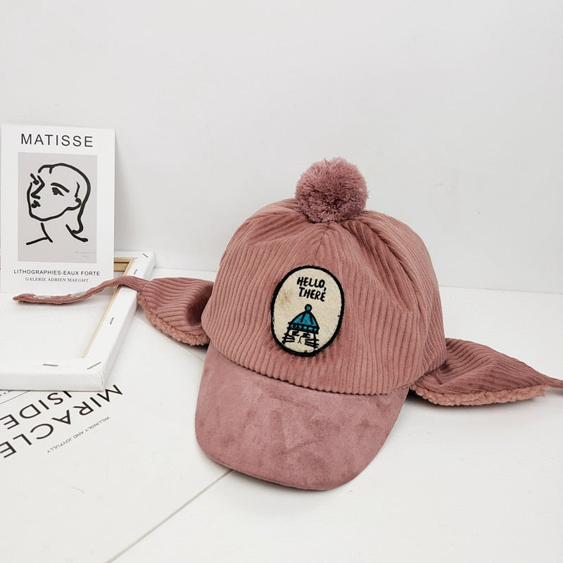 Hello There Cat Embroidered Fur Lining Hat