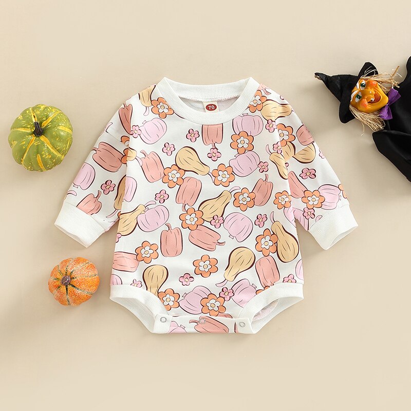 Flowers/Pumpkin/Ghost Printed Sweatshirt Romper