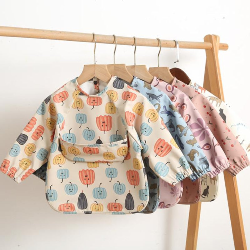 Cartoon Print Waterproof Long Sleeve Bibs