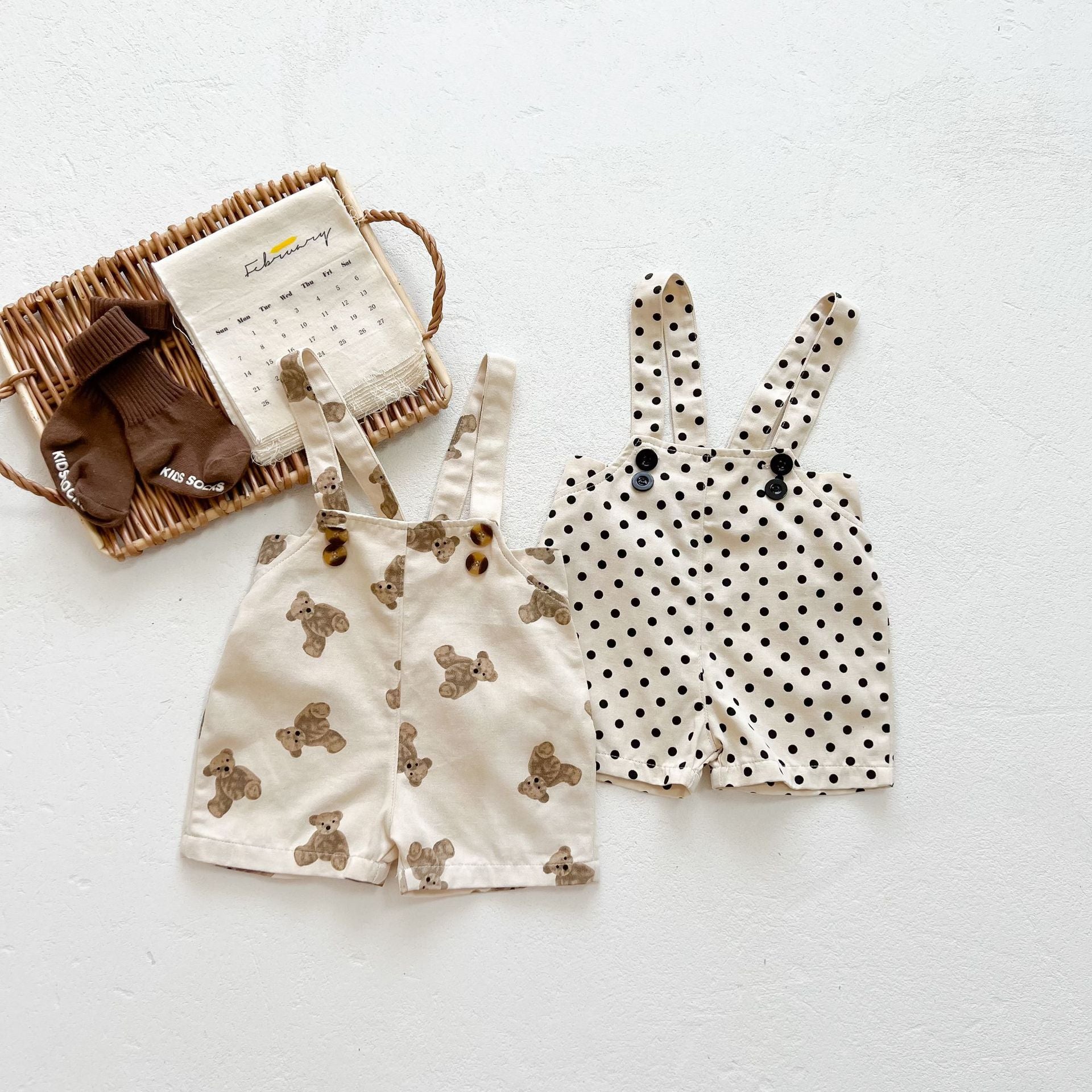 Bear/Dot Print Short Sleeve Overall & T-Shirt Set